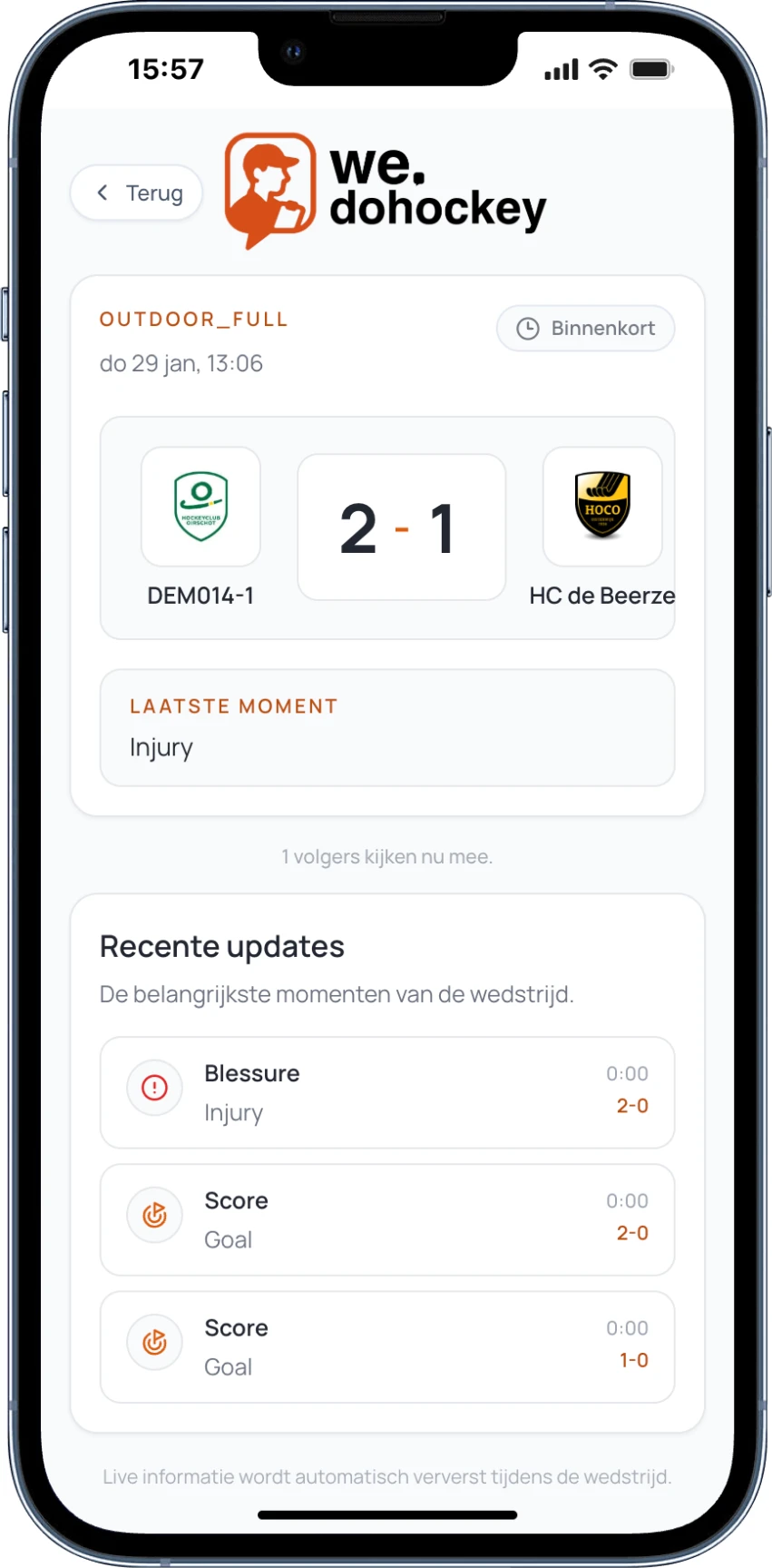 Publieke Live-demowedstrijd met score en recente wedstrijdmomenten